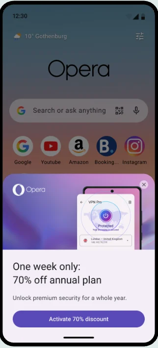 Opera start page with a prompt reading One week only, 70% off annual plan