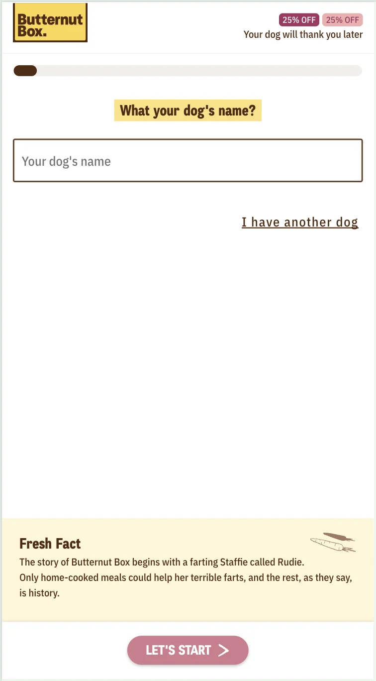 Butternut Box sign-up step asking for the dog's name, with discount pills at the top and a Fresh Fact banner